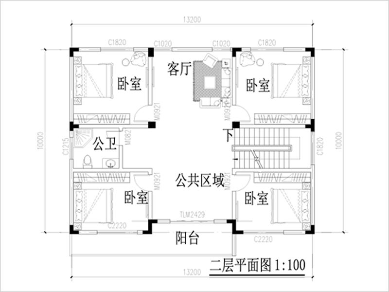 農(nóng)村小型框架別墅設(shè)計二層平面圖