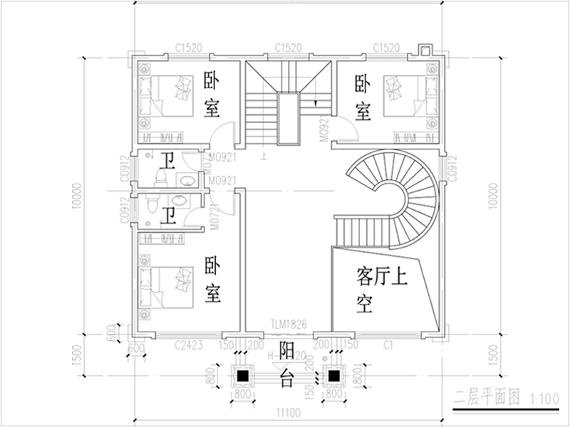 30萬(wàn)農(nóng)村三層別墅二樓戶型圖