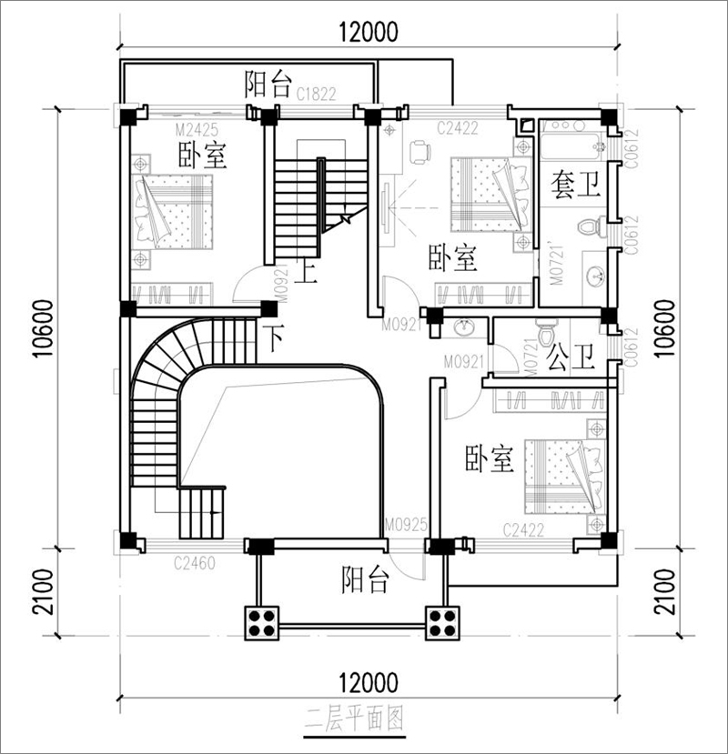 農(nóng)村四層歐式別墅二層戶型圖