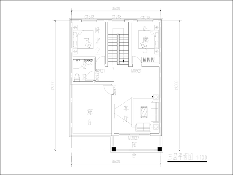 開間9米進(jìn)深12米三層房屋設(shè)計圖