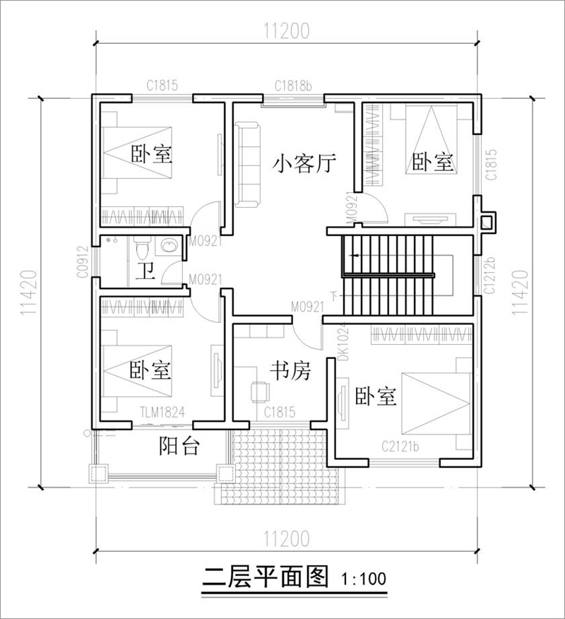 農(nóng)村120平方別墅二層戶型圖
