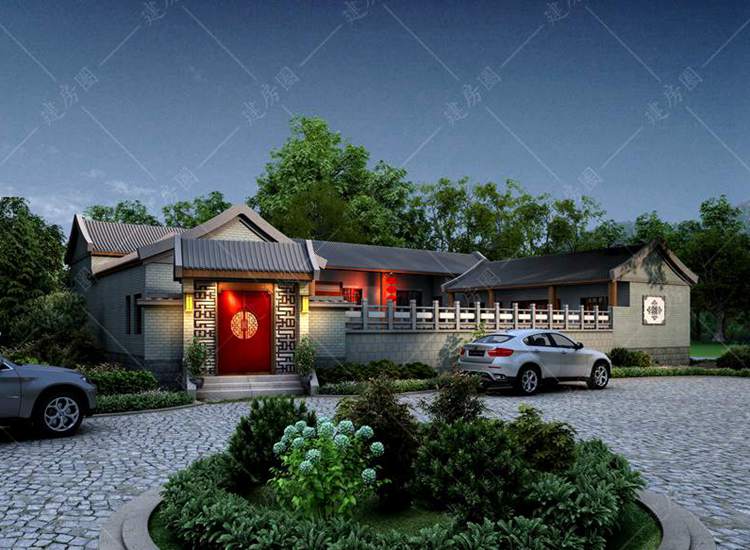 鄉(xiāng)村一層中式四合院設(shè)計(jì)圖紙，帶庭院設(shè)計(jì)