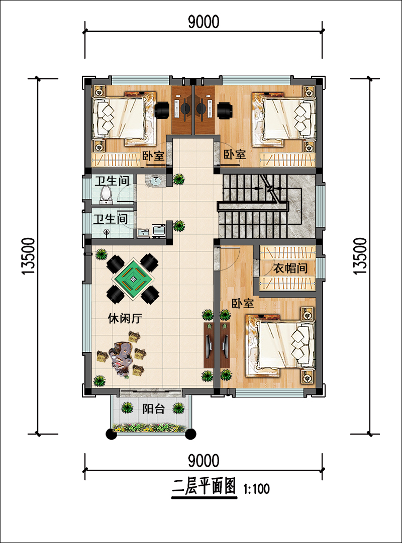 9米x12米自建別墅二層平面圖