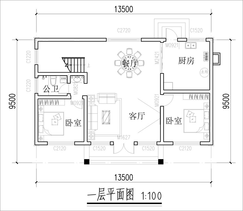 農村120平方二層別墅一層平面布局