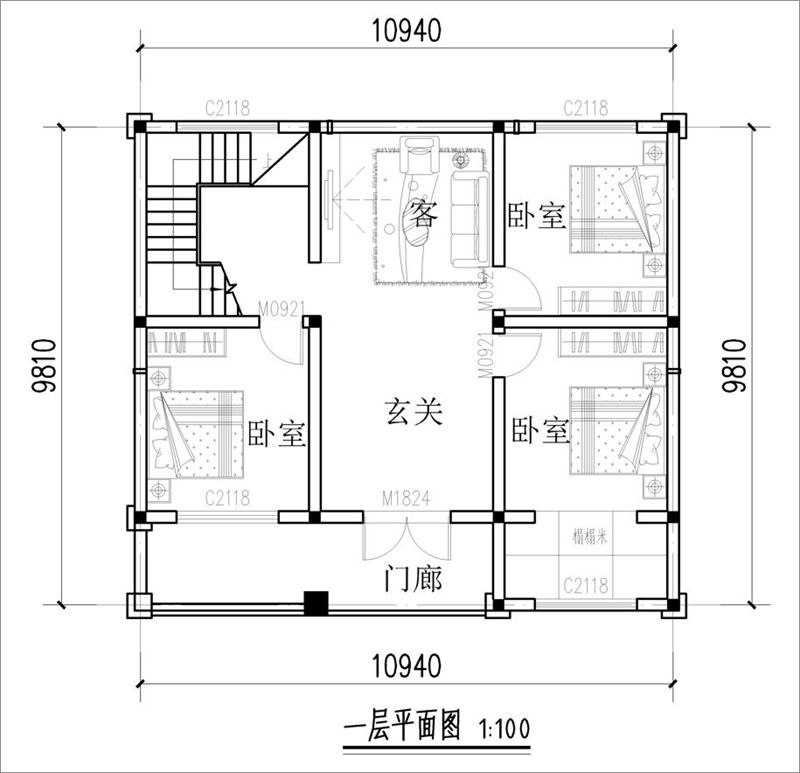 農(nóng)村二層樓房一層平面圖