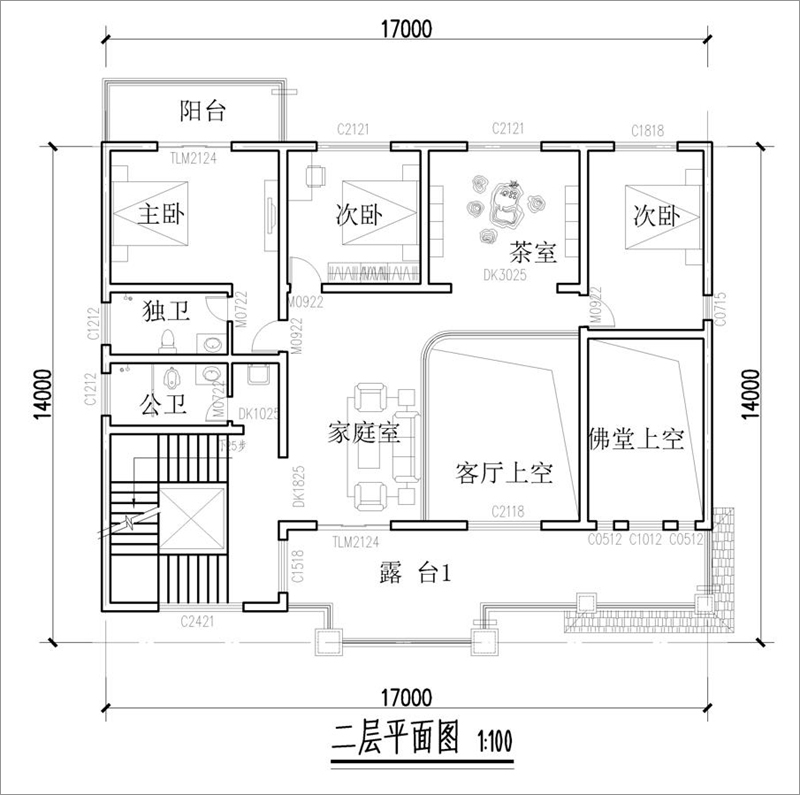 農村新中式別墅二層平面圖