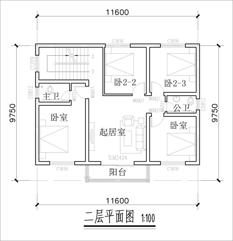 農(nóng)村三層樓房二層布局圖