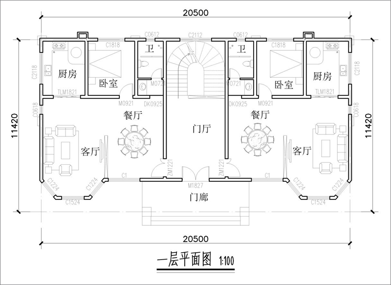 雙拼別墅一層平面圖