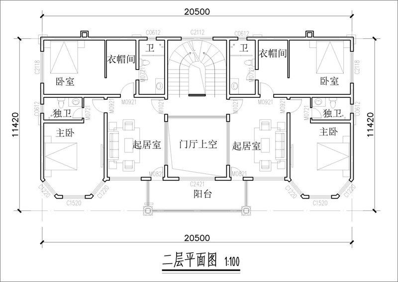 雙拼別墅二層平面圖