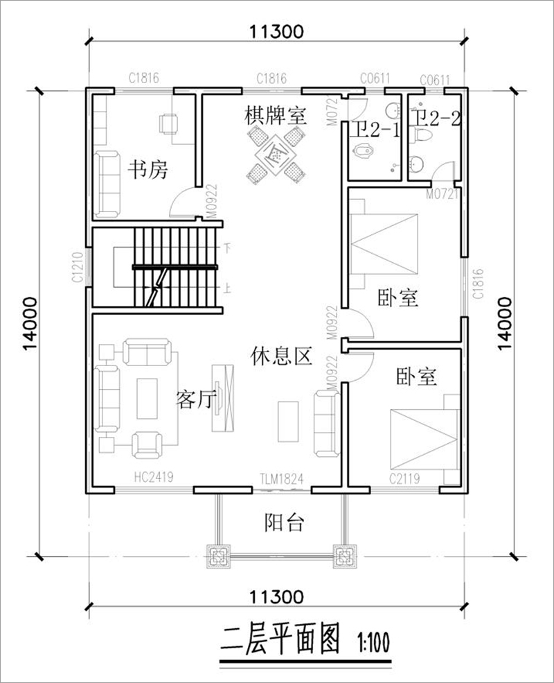農(nóng)村三間別墅二層平面圖