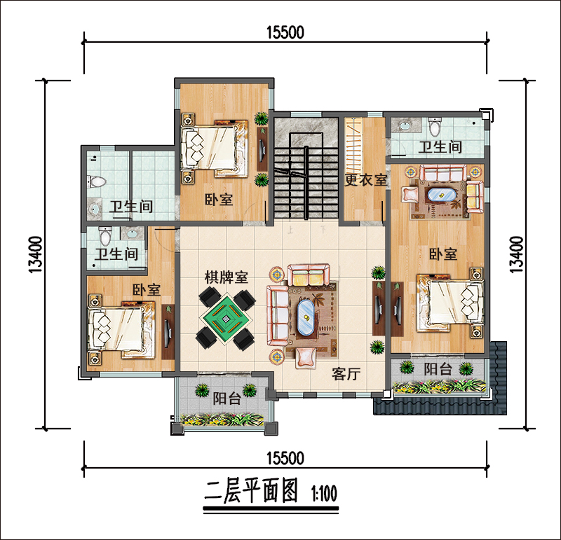 農(nóng)村新中式別墅二層設(shè)計圖