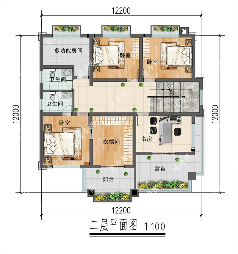 12x12米農(nóng)村自建房二層平面圖