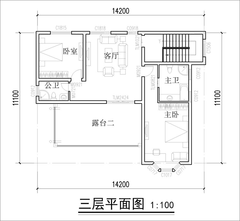 美式鄉(xiāng)村別墅三層平面圖