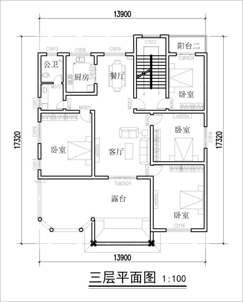歐式自建別墅三層平面布局圖