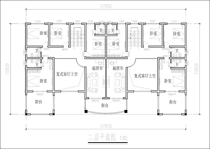 農(nóng)村雙拼自建房二層平面圖