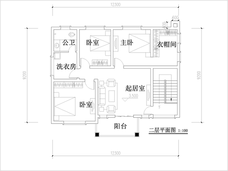 12x9米自建房二層平面圖