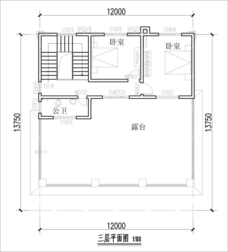 農(nóng)村40萬三層歐式自建別墅設(shè)計(jì)圖紙三層平面布局圖