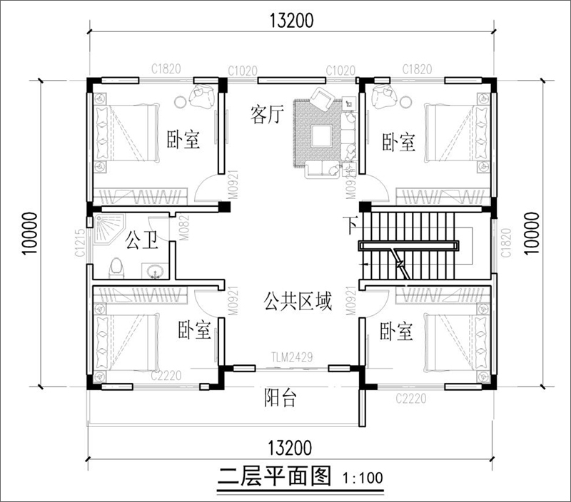 農(nóng)村小型框架別墅設(shè)計二層平面圖