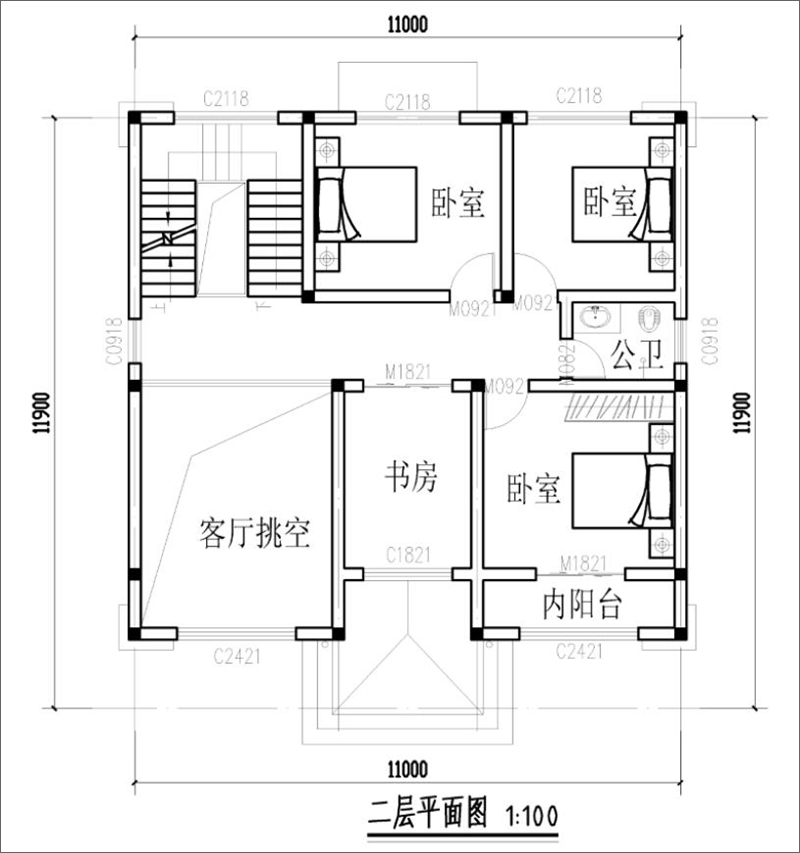 新中式三層別墅設(shè)計圖紙二層平面布局圖