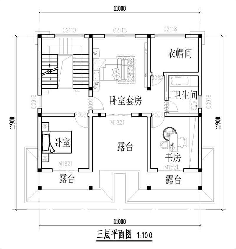 新中式三層別墅設(shè)計圖紙三層平面布局圖