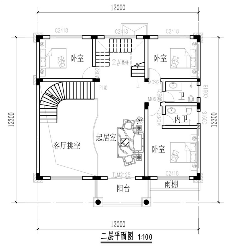 農(nóng)村三層別墅設計二層平面布局圖