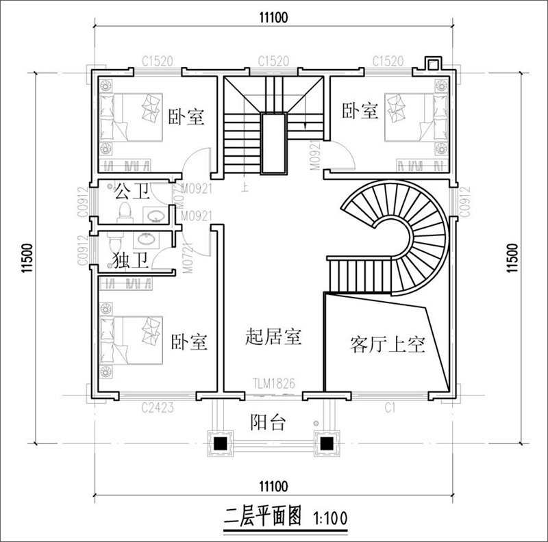 30萬農(nóng)村三層別墅二樓戶型圖