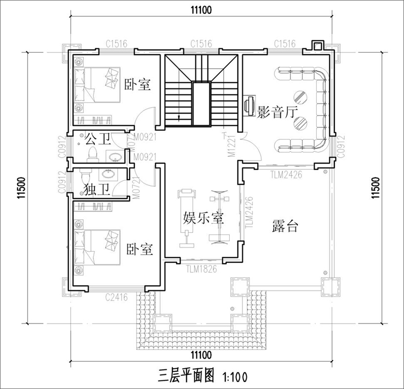 30萬農(nóng)村三層別墅三樓戶型圖