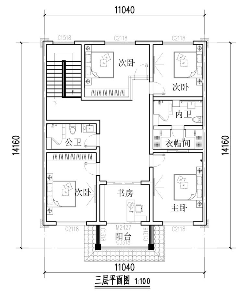 農(nóng)村中式別墅設三層戶型圖