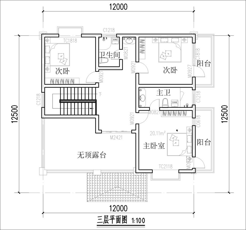 農(nóng)村別墅自建房三樓戶型圖