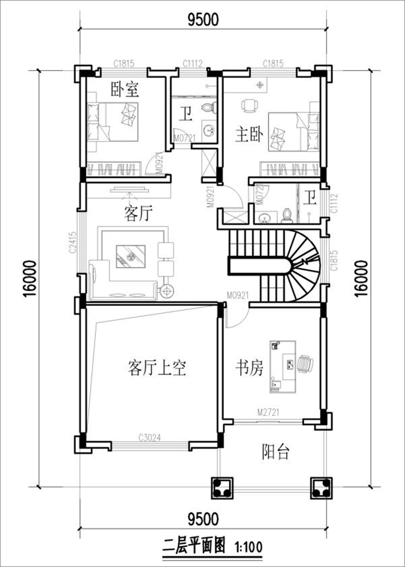 兩間三層別墅二層戶型圖
