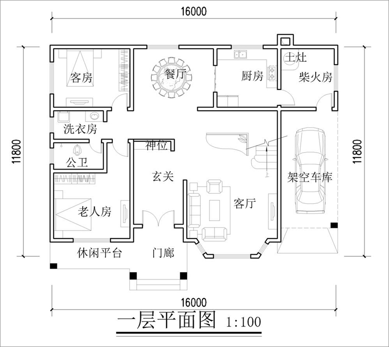 農(nóng)村二層歐式自建房設(shè)計圖紙一層平面布局圖