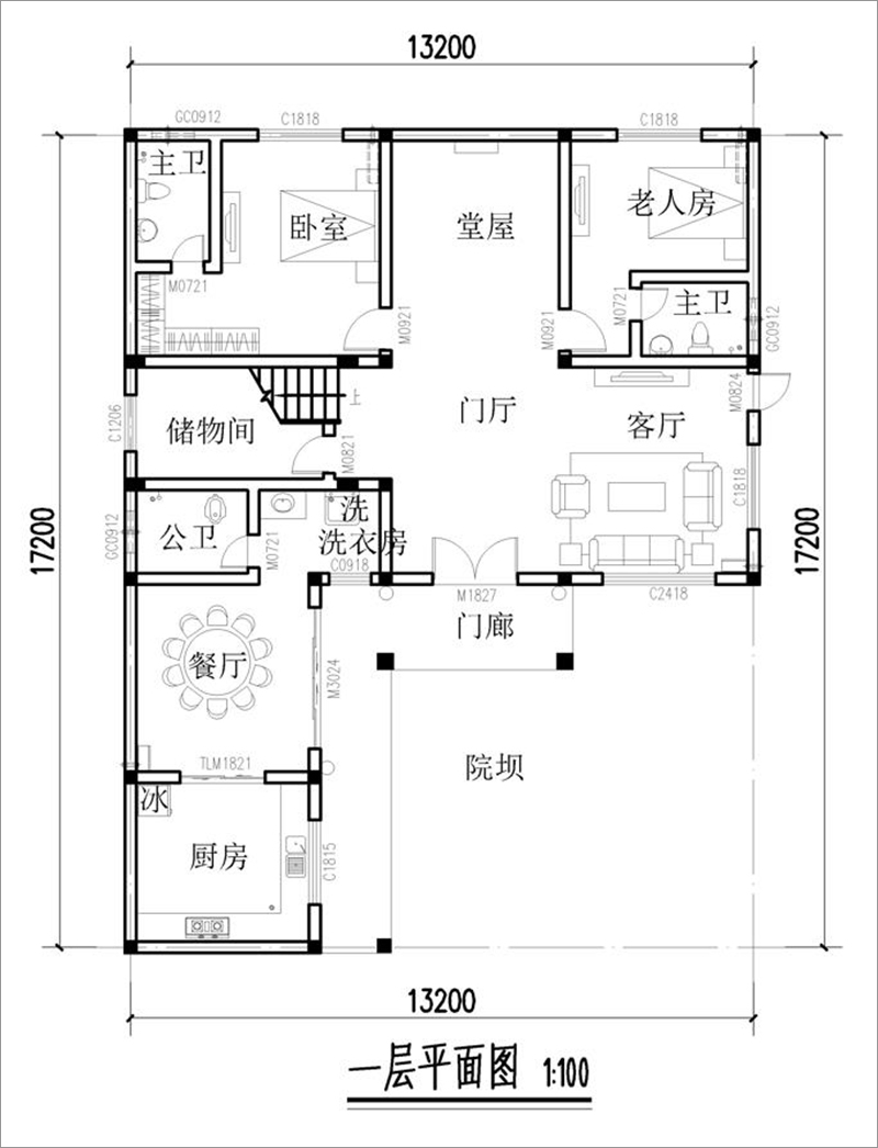農(nóng)村二層中式風(fēng)格自建房設(shè)計圖一層平面布局圖