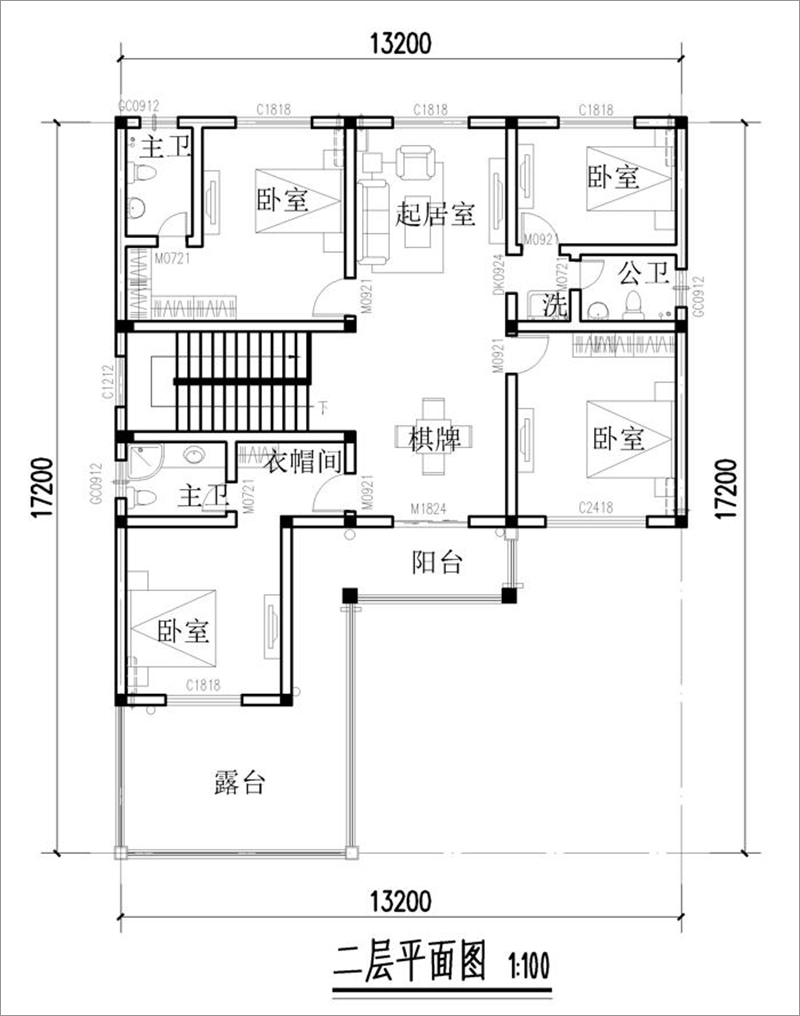 農(nóng)村二層中式風(fēng)格自建房設(shè)計圖二層布局圖