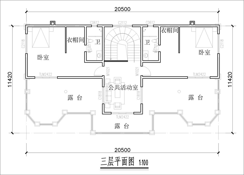 雙拼別墅三層平面設(shè)計(jì)圖