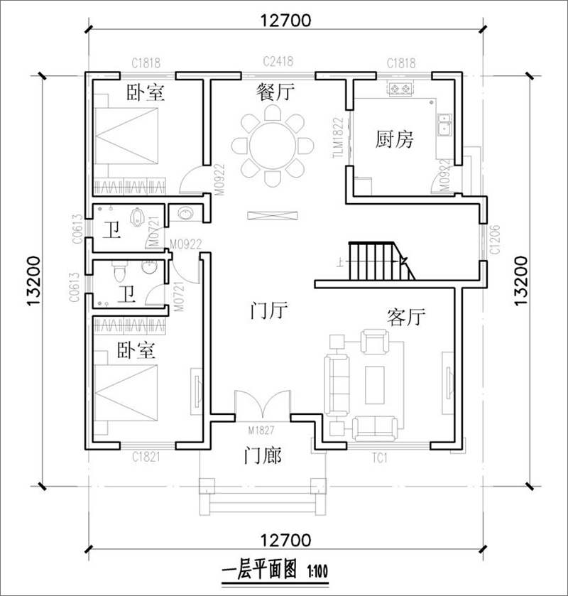 150平面別墅一層平面圖