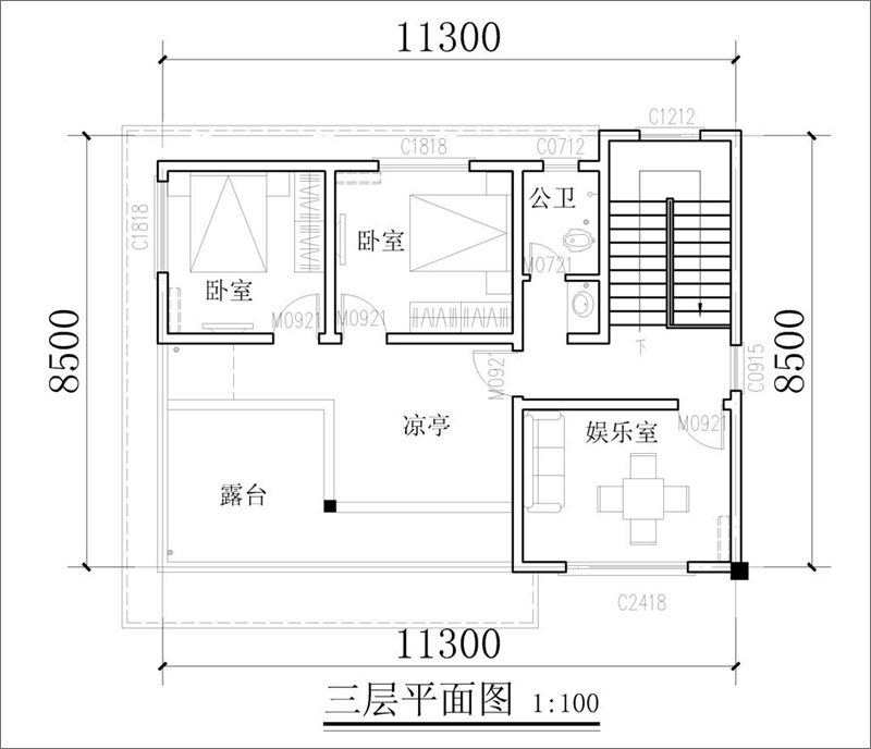 100平方自建房三層平面圖