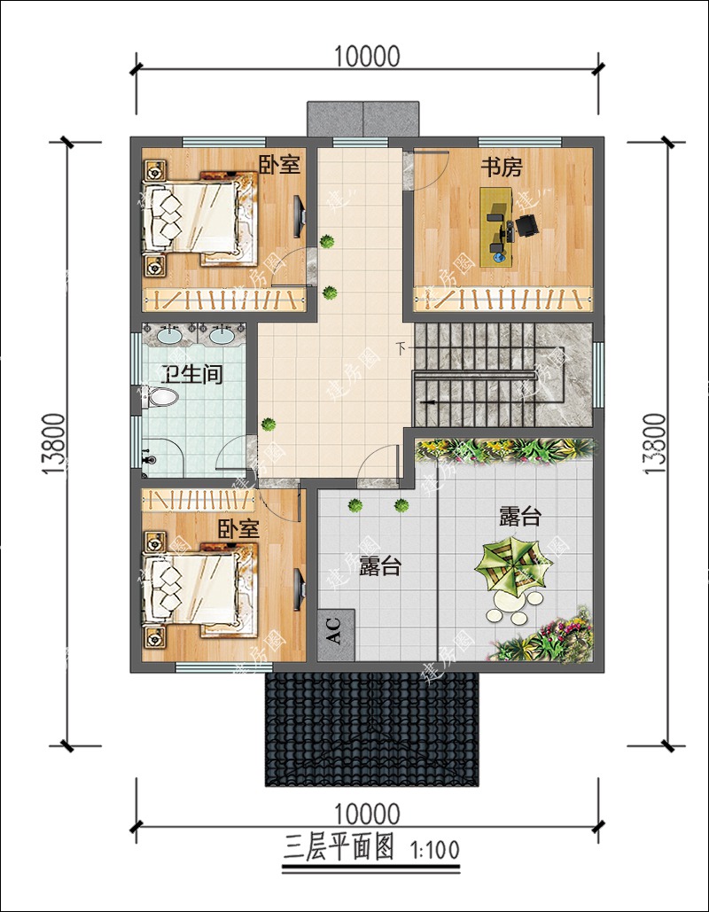 10米x14米三層新中式房屋平面圖