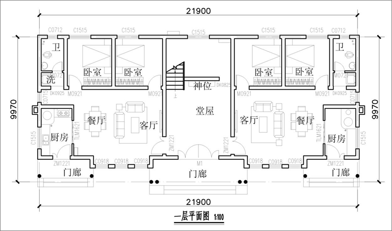 兩層雙拼小別墅設(shè)計一層平面圖