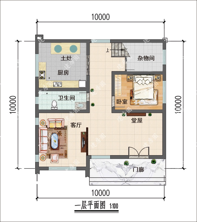 10米x10農(nóng)村自建房一層平面布局圖