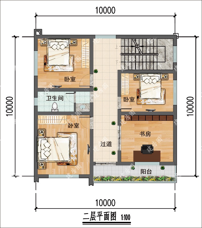10米x10農(nóng)村自建房二層平面布局圖