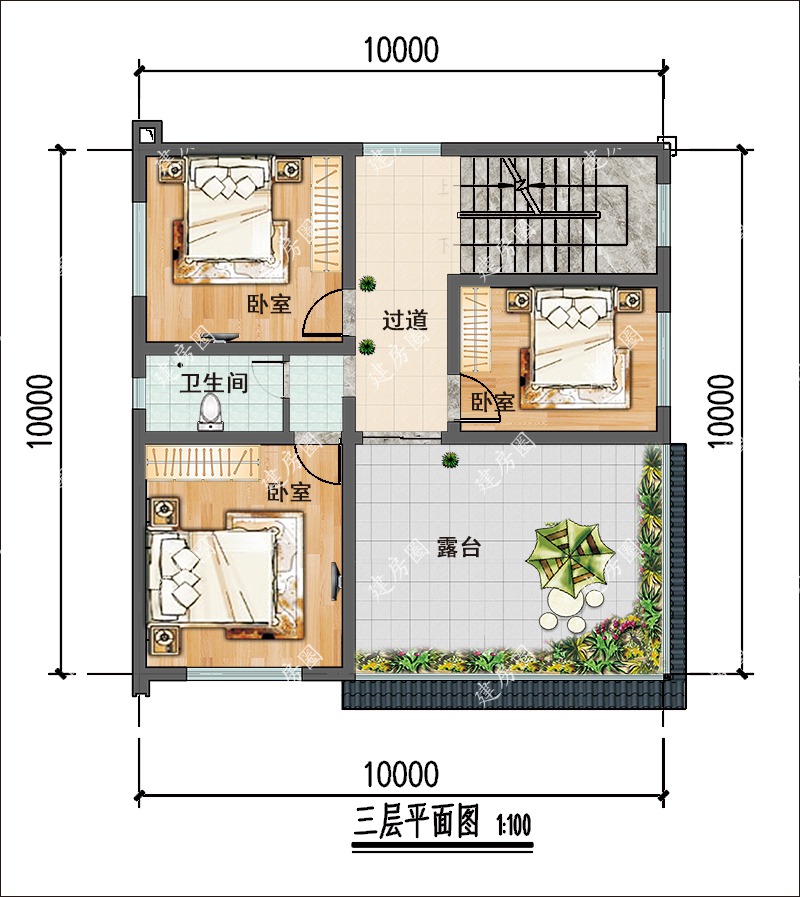 10米x10農(nóng)村自建房三層平面布局圖