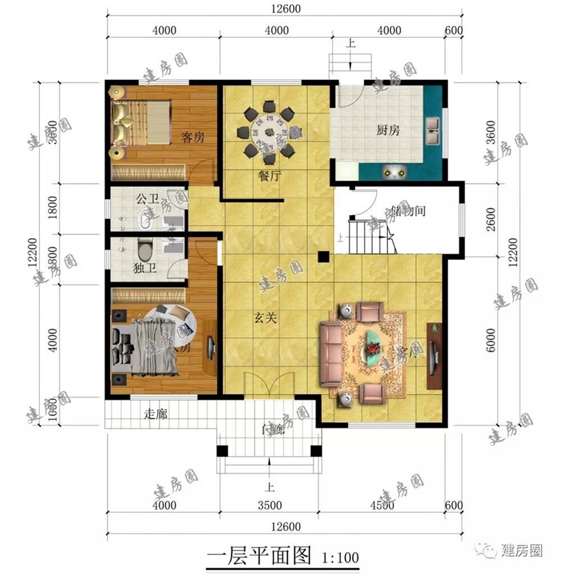 13米x12米自建房一層平面圖