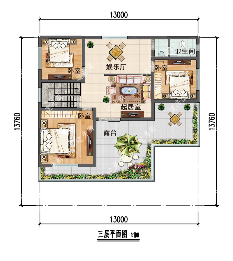 13米x14米三層農(nóng)村自建房平面圖