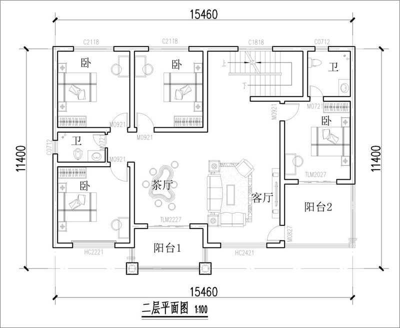 15米x11米農(nóng)村四間兩層房屋戶(hù)型圖