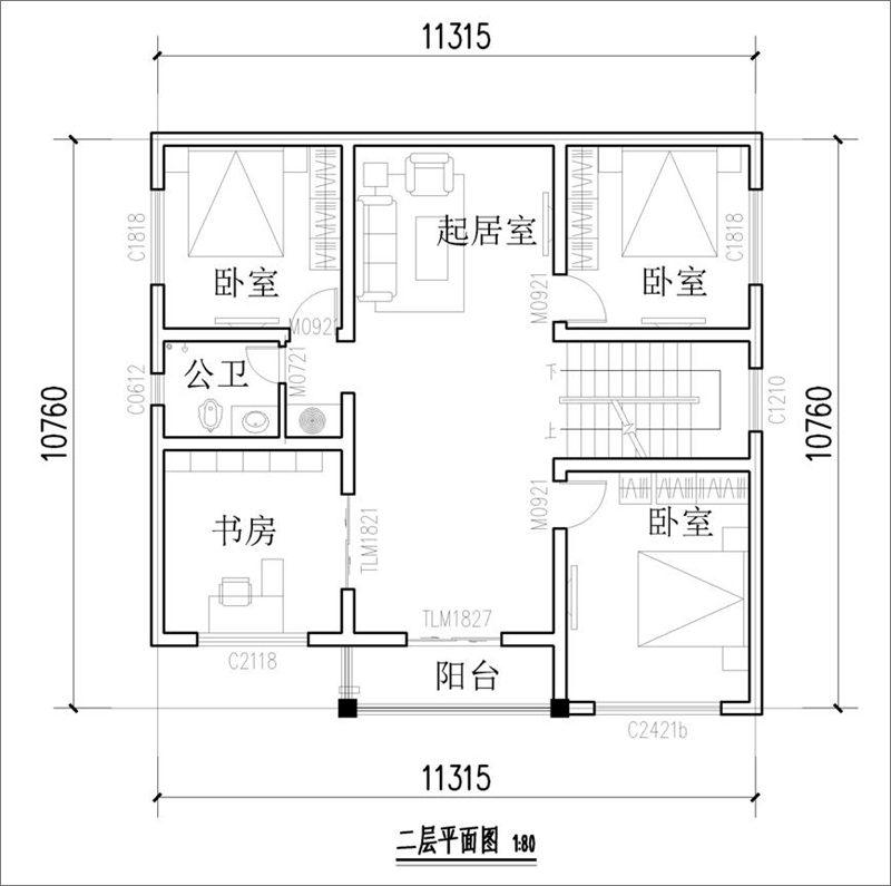11米x11米自建房二層平面圖