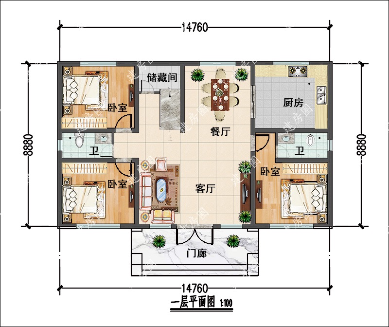 15米x9米農(nóng)村二層自建房一層平面圖
