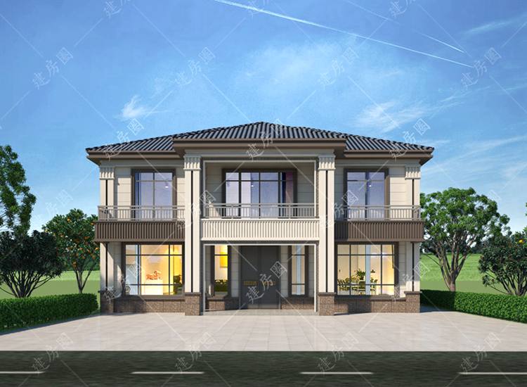 14米x12米兩層自建房設(shè)計圖紙，新中式外觀前后帶陽臺