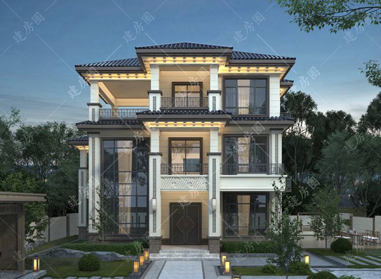 14米x13米三層自建房設(shè)計(jì)圖紙，新中式外觀(guān)典雅時(shí)尚