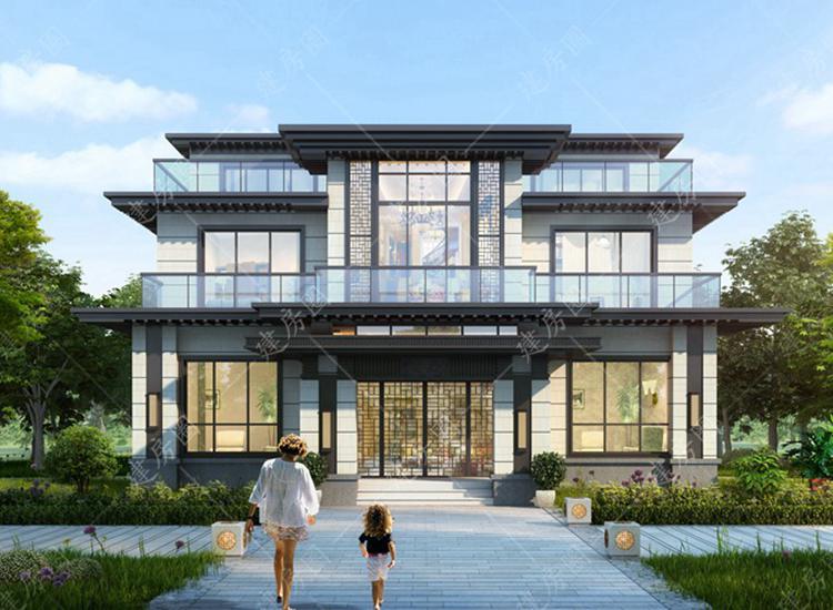13米x14米兩層現(xiàn)代新中式別墅設(shè)計(jì)圖，平屋頂設(shè)計(jì)帶屋頂露臺