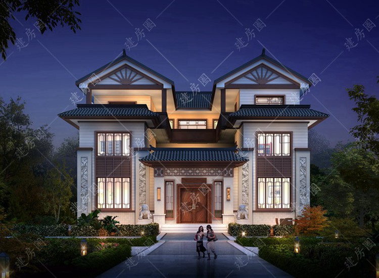 18米x18米三層新中式別墅設(shè)計(jì)圖，帶堂屋電梯設(shè)計(jì)